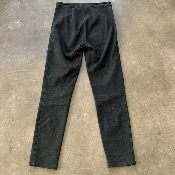 Dark soft denim. Straight leg, front pockets, no back pockets, no belt loops. - Picture 2 of 10